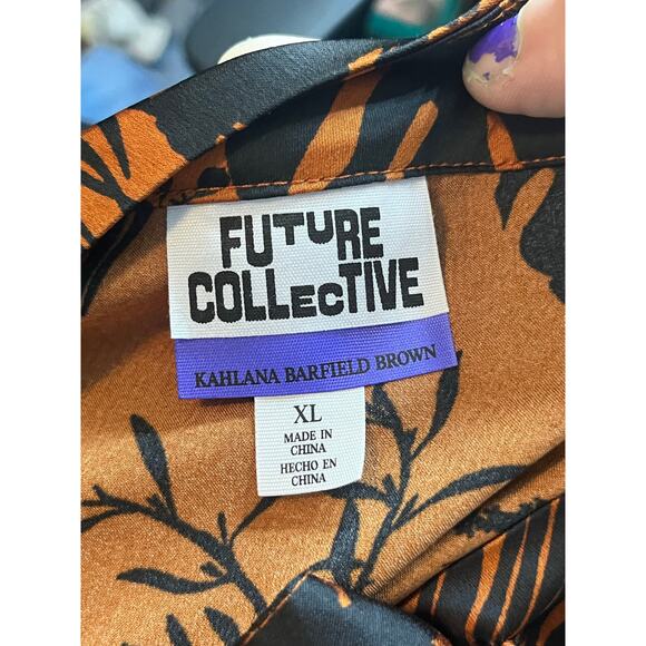 Future Collective Satin Mock Neck Midi Dress XL Brown Tropical Print Retro - Picture 10 of 11